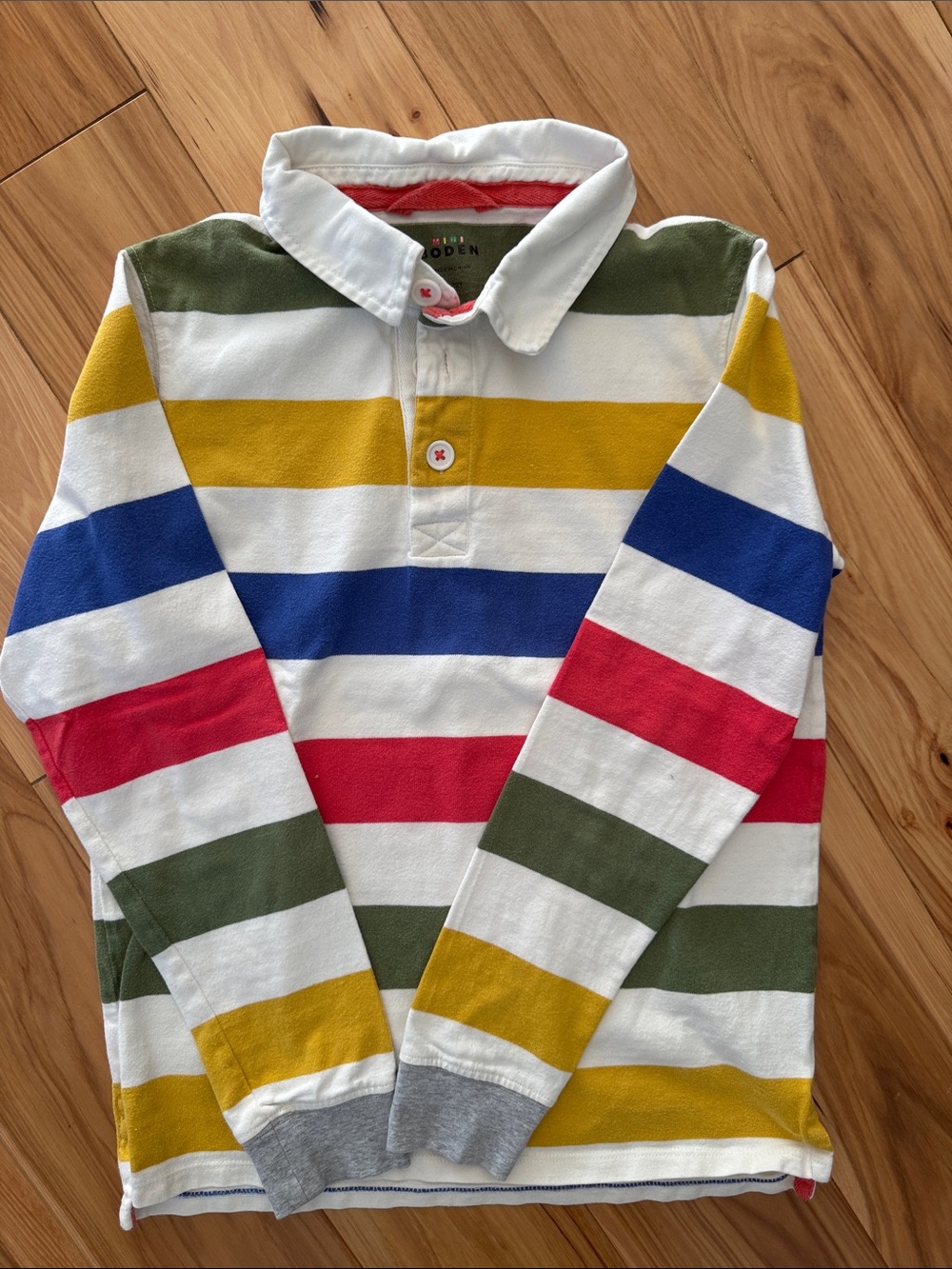 Mini Boden White Polo with Red, Blue, Yellow & Green Stripes